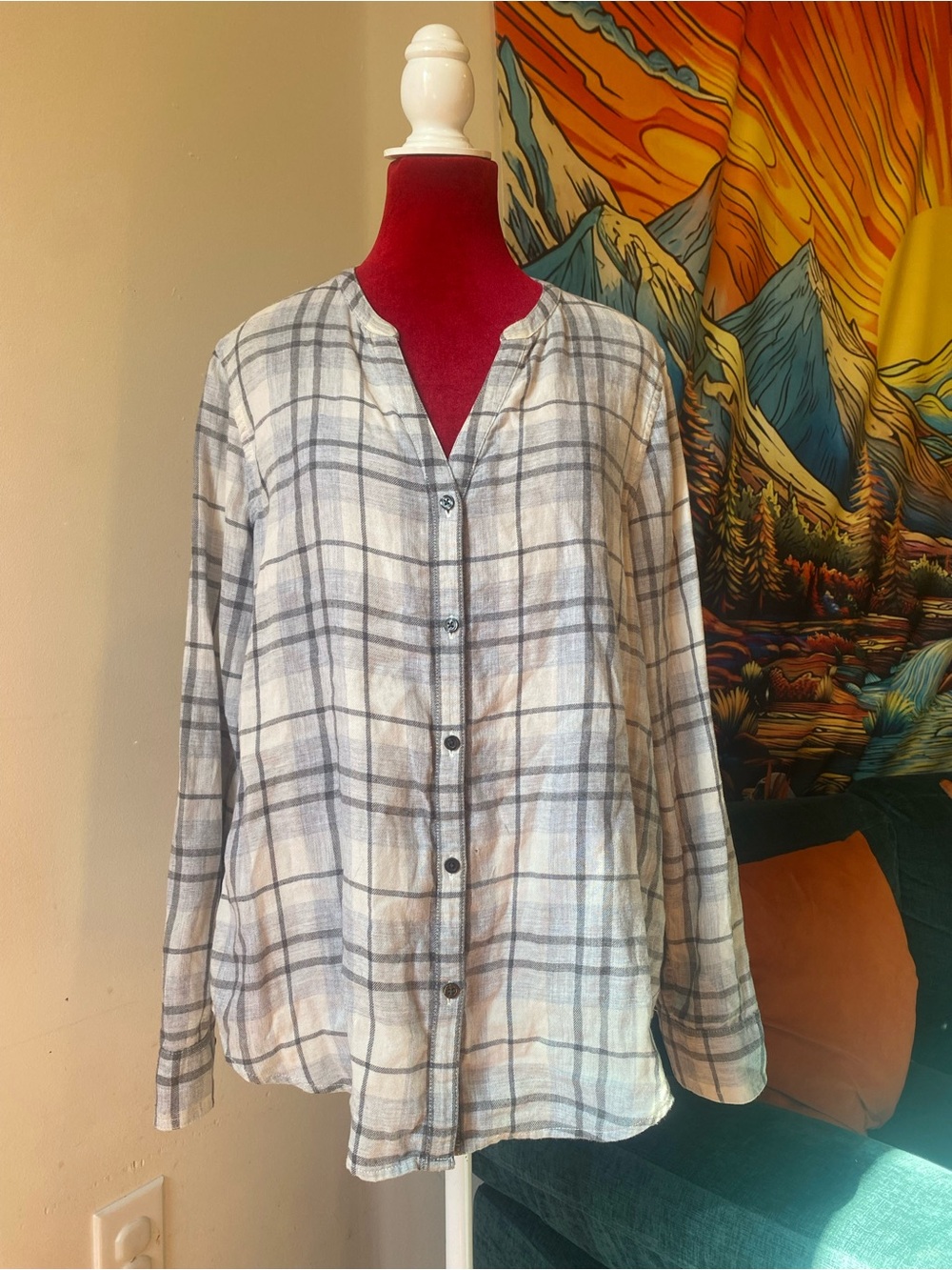 Calvin Klein White and Gray Plaid Collarless Button-Down Shirt